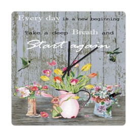 10 Inch Everyday is A New Beginning Take A Deep Breath and Start Again Wooden Clock Silent Non-Ticking Quartz Battery Operated Hummingbird Lovers Indoor Clocks Square Clock for Farmhouse Living Room