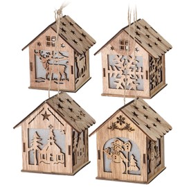 com-four® 4-Piece LED Hanging Decoration Set Made of Wood - Hanging Figure House with Lighting - Christmas Decoration for Hanging - Christmas Decoration [Selection Varies] (House - 4 Pieces)