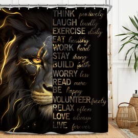 Miyotaa Lion Man Black Gold Shower Curtain Set 60Wx71H Inches Quotes Inspirational Motivational Positive Masculine Male Cool Waterproof Bathroom Curtain with 12 Hooks