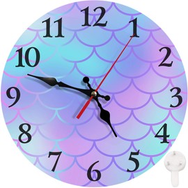 Britimes Round Wall Clock Silent Non-Ticking Battery Operated Clock 12 Inch, Mermaid Scale Home Decor for Living Room, Kitchen, Bedroom, and Office