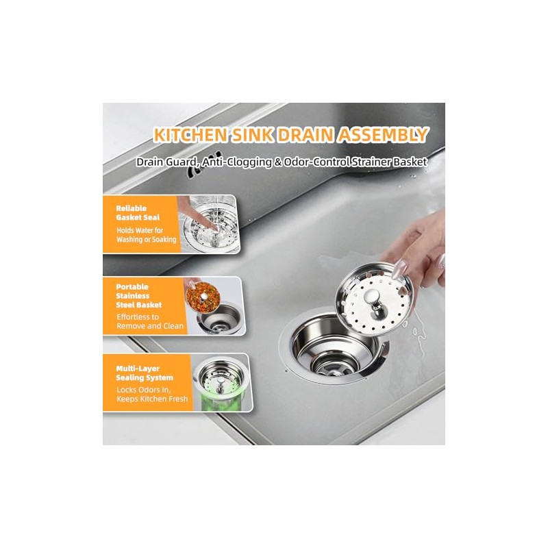 Kitchen Sink Drain Assembly, Stainless Steel Basket Strainer with Knob,
