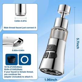 Wipplex Faucet Aerator for Kitchen Sink - 360° Swivel, 3-Mode Splash-Proof ABS Faucet Adapter with Built-in 316 Micron Filter Faucet Sink Attachment Includes 55/64" Female Thread（Chrome)