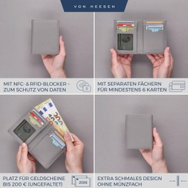 VON HEESEN® Men's Leather Wallet with Coin Compartment and RFID Protection, Genuine Leather Wallet for Men and Women, Wallet, gray, Without coin compartment, Without coin compartment