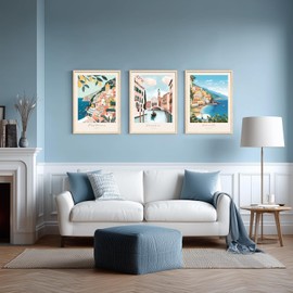 Cyebmo Italy Travel Wall Art, Amalfi Coast Landscape Wall Decor, Blue Venice Coast Canvas Artwork, Italian Modern City Aesthetic Picture for Living Room Bedroom Bathroom Wood Framed 12"x16"x3