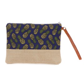 Cotton Canvas Two-Tone Cosmetic Bag Make Up Clutch Bag (10.5"W x 7.5"H, Navy Pineapple (Jute Bottom))