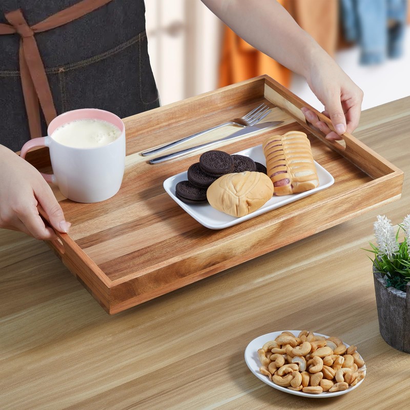 2 Pack Acacia Wood Serving Tray with Handles - 17