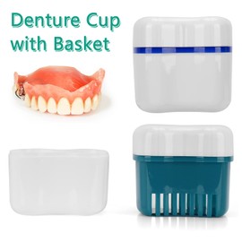 Denture Cleaner Box and Brush Set - 2 Pack Denture Bath Case with Basket + 2 Pack Denture Brush, Portable Denture Retainer Storage Box, False Teeth Brushes for Oral Care (Green and Dark blue)