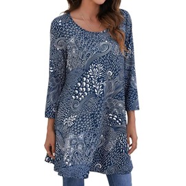 Enmain Tunic Tops for Women UK Long Sleeve Casual Longline Ladies Tunic Dress for Leggings Round Neck Swing Top for Festival Party Gym Work,Navy Blue,L