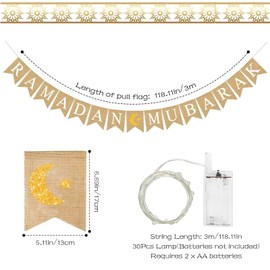 TaimeiMao Ramadan Kareem Banner, with Warm Yellow Fairy Lights, Reusable Eid Mubarak Banner, Muslim Ramadan Bunting, Cotton and Linen Flags