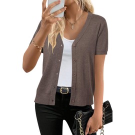 Arach&Cloz Women's Lightweight V-Neck Cardigan Elegant Short Sleeve Buttons Bolero Jacket Casual Top for Dress, coffee, XXL