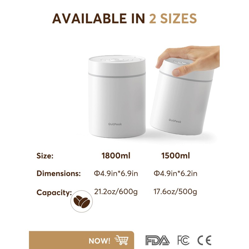 OUTPEAK 2025 Kilo Auto Vacuum Coffee Canister, 1.8L for 21.2oz
