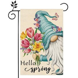 Gnome Hello Spring flowers Garden Flag 12x18 Inch Double Sided for Outside Home Small Burlap Plaid Yard Welcome Flag Decoration