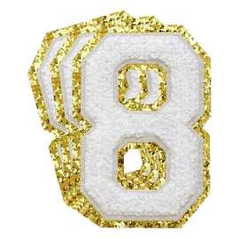 3Pcs Chenille Number Patches Gold Glitter Iron on Patches Varsity Letter Patches Chenille Embroidered Patches Sew On Patches for Clothing Hat Bags Jackets Shirt (Gold, 8)