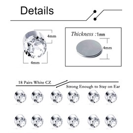 Ofeiyaa 18 Pairs Magnetic stud Earrings Colors CZ Earrings Set Fake Earring Jewelry Clip on No Piercing Earrings Studs for Women Men 4MM 6MM