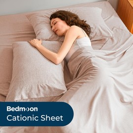 Bedmoon Linen Look Twin Sheets, Cotton Like Soft Cationic Sheets, Luxury Deep Pockets Bed Sheet Set with Corner Straps, Light Pink