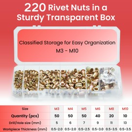 JoblikeBrez Carbon Steel Rivet Nut Set, 220 Pieces Threaded Sleeve Set, Universal Suitable for Rivet Nut Pliers, Rivet Nut Set, Threaded Sleeve 6 Sizes (M3 M4 M5 M6 M8 M10)