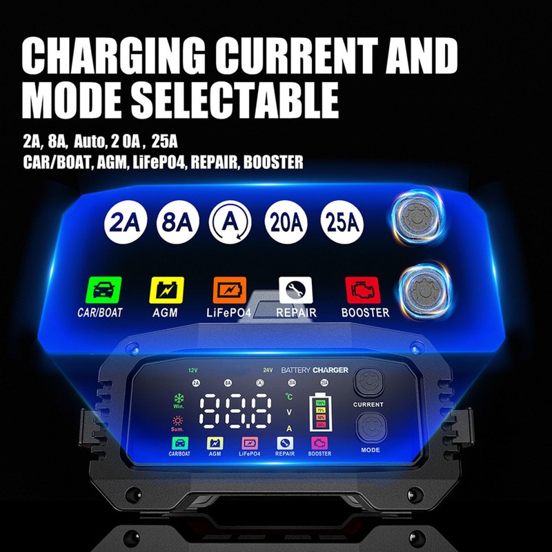 25A Battery Charger, 2/8/20/25 Amp 12V/24V LiFePO4 Lead Acid Fully
