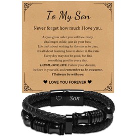 FLHEART To My Son Bracelet : Gift for Son from Mom Premium Genuine Leather Bracelet for Dad Son Handsome Black Stainless Steel Magnetic Clasp Bracelet Cuff Bangle for Father's Day Graduation