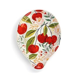 DEMDACO Fruit Inspired Kitchen Spoon Rest Trinket Tray for Stove Top 4.5 x 6 Inch Ceramic Stoneware Cherry