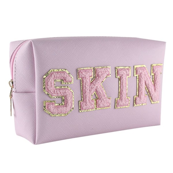 Preppy Patch Makeup Bag, Cosmetic Toiletry Bag for Women, Skin Chenille Letter Skincare Bag, PU Leather Portable Makeup Pouch, Waterproof Daily Use Storage Purse