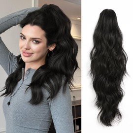 XIXISNOW 22'' Clip On Ponytail Extension for Women with Claw Clip Fluffy Layered Synthetic Hair Heat Resistant Clips In Curly Hair Ponytail Extensions Wedding Party Daily Use (Dark Black, 6OZ)