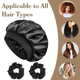 1 Stück Schlafmütze + 2 Stück Satin Hair Scrunchies Satin Bonnet Nacht Schlaf Doppelte für Lockiges Haar, Atmungsaktive, Verstellbare Schlafhaube mit Gummiband für Damen und Mädchen