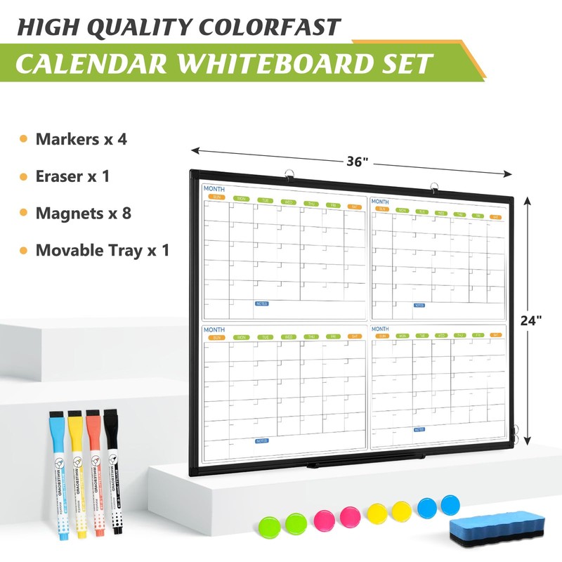 36" x 24" Magnetic Dry Erase Calendar Whiteboard, 4 Month