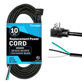 Thonapa 12 Gauge Replacement Power Cord with Open End 10 ft, 90 Degree Slim Flat Plug, 10 Foot Applaince Extension Cord 12/3 SJTW for Universal AC Appliance, Dishwasher, 15 AMP