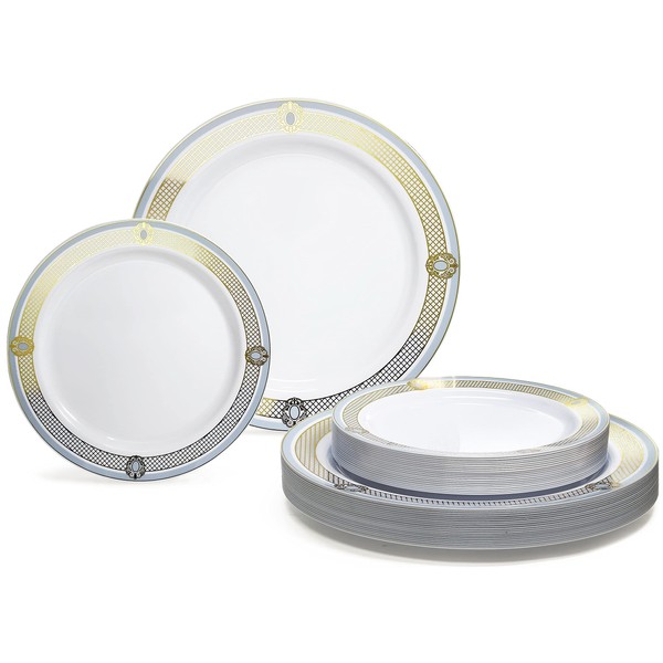 " OCCASIONS " 50 Plates Pack (25 Guests)-Wedding Party Disposable Plastic Plate Set -25 x 10.25'' Dinner + 25 x 7.5'' Salad & Dessert plates (Royal in White/Blue & Gold)
