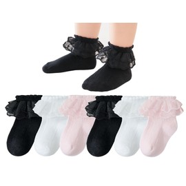 CHUNG Baby Toddler Girls Lace Trimmed Princess Ankle Socks Cotton Mesh Crew Socks Ruffles, 6blk/Wt/Pk, 3-5Y,L