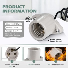 Surface Mount Light Socket,E26 Medium Screw Porcelain Light Socket,Cleat Light Socket with Two Hole Flanged Mounting,Keyless Sockets with 6" Leads (4)
