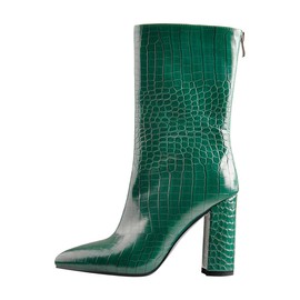 LISHAN Women's Crocodile Skin Colored Mid-calf Chunky Heel Gogo Snakeskin Pointed-toe Boots Fashion Daily Wearing Party Costume Shoes 4in High Heels Emerald Green Size 7