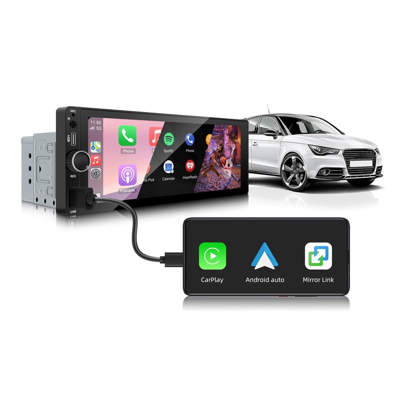 LEXXSON Single Din Car Stereo with Apple Carplay Android Auto,