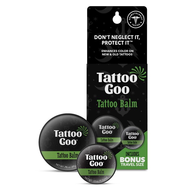 Tattoo Goo Tattoo Balm and Travel Size Balm Bundle, 3/4 oz & .33 oz Tin - Natural Tattoo Aftercare Balm with Beeswax and Cocoa Butter, Soothing Tattoo Ointment, 2 Pack Bundle
