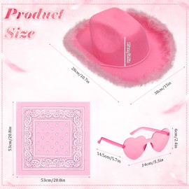 Handepo 6 Pcs Cowboy Hat Set Cowgirl Hat with Feather Heart Shaped Sunglasses Paisely Bandana Accessories for Women Men Bachelorette Party Costume, Assorted Colors