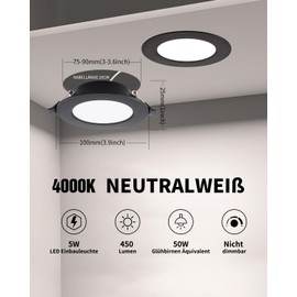 Grebeam LED Spotlights, Black, 5 W Ceiling Spotlights, 450 lm, Round Diameter 75-90 mm, LED Recessed Spotlights, 230 V, Installation Depth 25 mm, Ceiling Spotlights, 4000 K, Neutral White for Bathroom