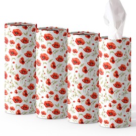 4 Pcs Poppy Floral Round Tissues Box Car Holder Set - Red Poppies Flowers Travel Tubes for Car with 50 Sheets Cylinder Face Towel Containers | 2.7" x 7.1" Cup Holder Fit for Car, Travel, Home, Office