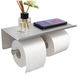 Large Double Toilet Paper Holder with Shelf, GZILA Dual Toilet Paper Rolls Holder Wall Mounted, Bathroom Mobile Phone Storage Rack, Tissue TP Dispenser, SUS304 Stainless Steel Brushed Nickel