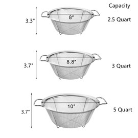 Dicunoy Set of 3 Strainers and Colanders, Stainless Steel Mesh Strainer Basket with Handle, Rice Strainer,Stackable Mesh Footed Colander for Rinse Food, Fruit, Vegetable, Strain, Drain (2.8/3.4/5.7L)