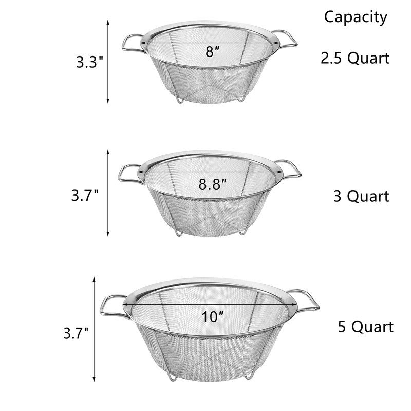 Dicunoy Set of 3 Strainers and Colanders, Stainless Steel Mesh