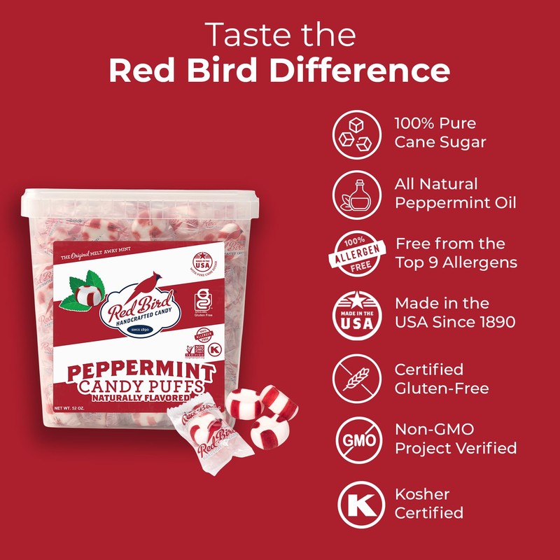Red Bird Soft Peppermint Puffs, Christmas Candy Individually Wrapped, Perfect