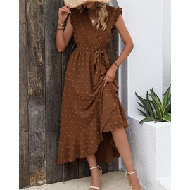 BTFBM Women V Neck Summer Dress 2025 Cap Sleeve Swiss Dot Boho Flowy Ruffle Slit Beach Party Long Maxi Cocktail Dresses(Brown, Medium)
