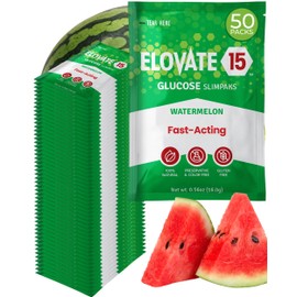 Elovate 15 Fast-Acting Glucose Packets - Quick Dissolving, Gluten-Free 15g of Glucose Powder for Sugar & Energy Dips - Oral Dextrose Powder for Kids & Adults, 50 Slimpaks, Watermelon