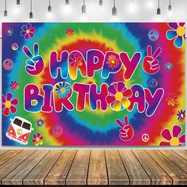 LOONELO Groovy Fondo de feliz cumpleaños con 70 x 43 pulgadas, pancarta de fiesta de cumpleaños de los 60, estilo hippie bohemio, fondo de fotografía de cumpleaños para temática hippie y decoración de