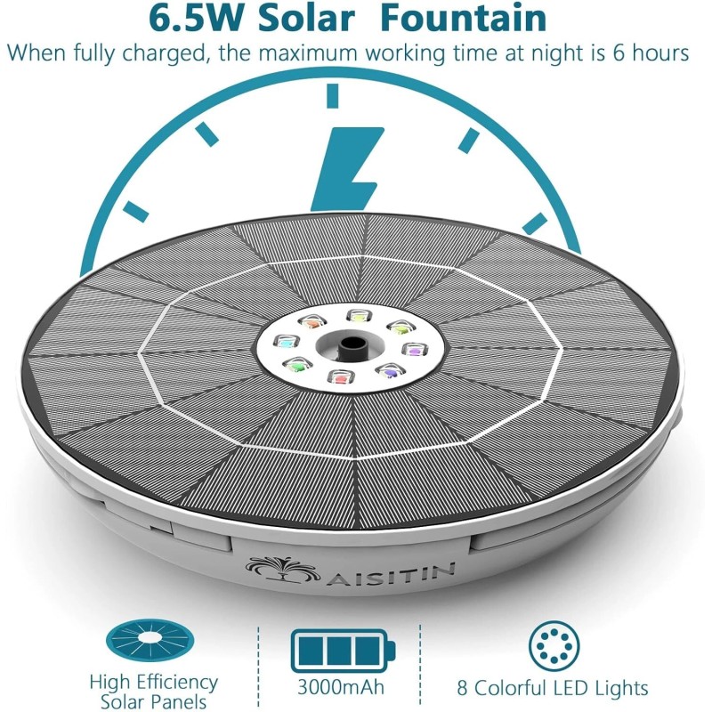 AISITIN 6.5W Solar Fountain Pump with Colorful LED Lights 3000mAh