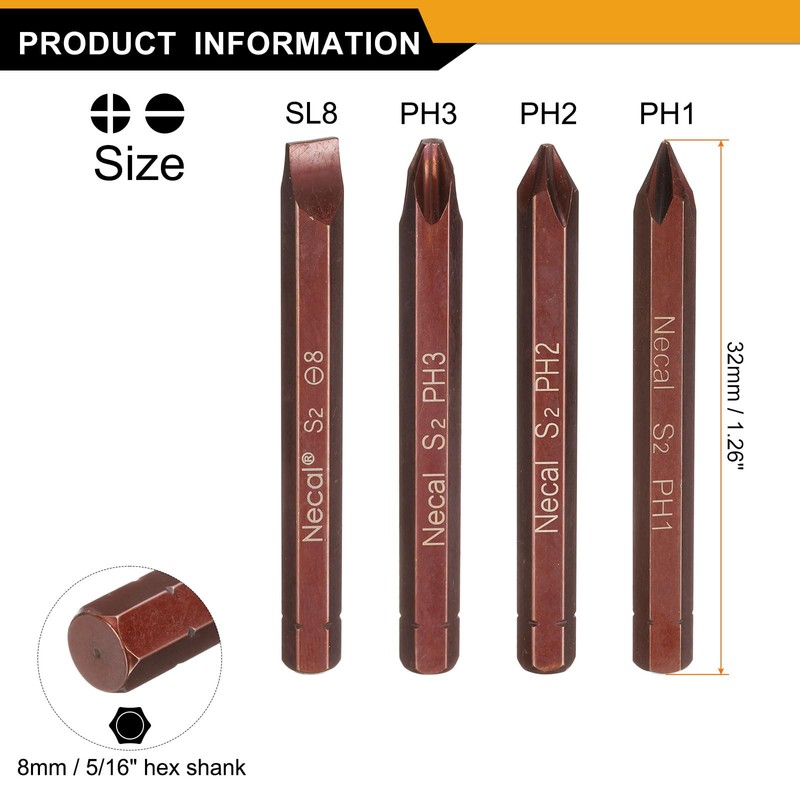 HARFINGTON 4pcs PH1/PH2/PH3/SL8 Phillips Slotted Screwdriver Bit 5/16" Hex Shank