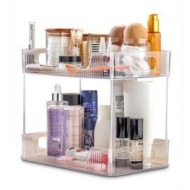 bir-Store Make-Up Organizer, Kosmetik Organizer, 2 Etagen mit Griffen, Schminkaufbewahrung transparent, für mehr Ordnung, Cosmetic Beauty Auffbewahrung Kosmetikaufbewahrung, Organizer für Badezimmer