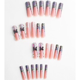 Aegenacess Press on Nails Square - Extra Long Fake Nails with 3D Rhinestones and Bows, Black Leopard French Tips Nude False Nail, Stick On Nails for Women, 12 Sizes - 24 Nail Kit, Sunset Spots