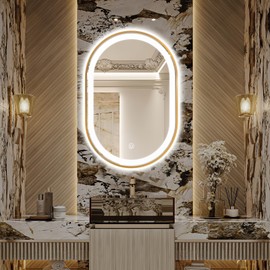 TheiaMo 24"x36" Oval LED Bathroom Mirror, Oval Lighted Vanity Bathroom Mirror with Gold Frame Anti Fog Smart Mirror with 3 Colors Dimmable for Makeup, Frontlit, Waterproof Horizontal/Vertical