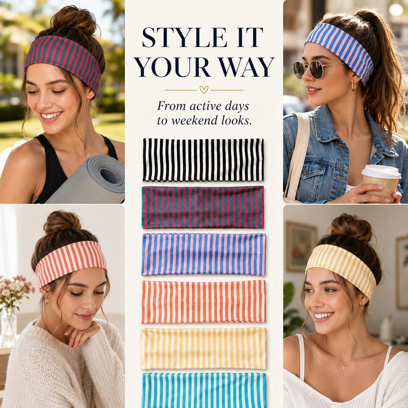 6 Pcs Striped Headbands for Women, Wide Non Slip Cloth